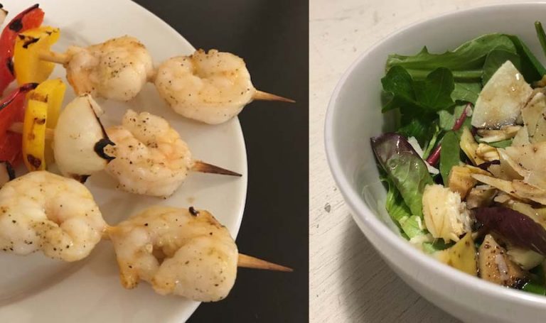 Recipe of the Week #23: Veggie and Shrimp Kabobs with Artichoke Parmesan Salad